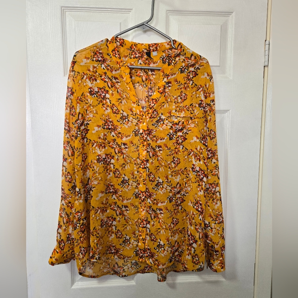 Kut from the Kloth Mustard Floral Button-Up Blouse